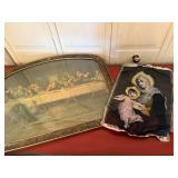 Religious Wall Decor Lot Framed Last Supper & Maria Woven Panel