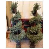 Pair Faux Spiral Topiary Trees in Urn Planters w/ Lights Approx 48in