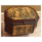 Vintage Octagonal Wicker Look Sewing Basket Storage Box Pastoral Scene