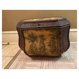 Vintage Octagonal Wicker Look Sewing Basket Storage Box Pastoral Scene
