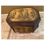 Vintage Octagonal Wicker Look Sewing Basket Storage Box Pastoral Scene