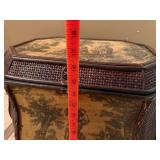 Vintage Octagonal Wicker Look Sewing Basket Storage Box Pastoral Scene