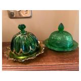 Vintage Green Glass Covered Butter Dishes Lot of 2 Pressed Glass