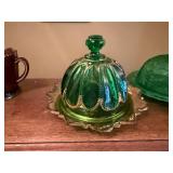 Vintage Green Glass Covered Butter Dishes Lot of 2 Pressed Glass