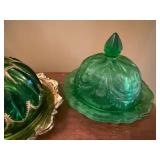 Vintage Green Glass Covered Butter Dishes Lot of 2 Pressed Glass