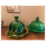 Vintage Green Glass Covered Butter Dishes Lot of 2 Pressed Glass