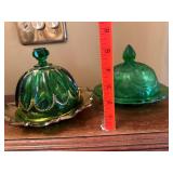 Vintage Green Glass Covered Butter Dishes Lot of 2 Pressed Glass