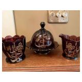 Amethyst Glass Creamer Sugar Bowl Butter Dish Set Gold Floral Decor