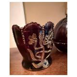 Amethyst Glass Creamer Sugar Bowl Butter Dish Set Gold Floral Decor