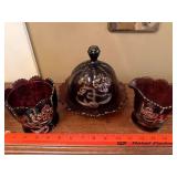 Amethyst Glass Creamer Sugar Bowl Butter Dish Set Gold Floral Decor