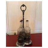 Meriden B Co Quadruple Plate Triple Cruet Set w Quart Bottles