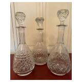 Set of 3 Cut Glass Crystal Decanters w Stoppers Barware 11-13in
