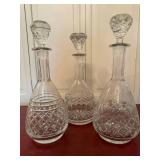 Set of 3 Cut Glass Crystal Decanters w Stoppers Barware 11-13in
