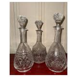 Set of 3 Cut Glass Crystal Decanters w Stoppers Barware 11-13in
