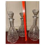 Set of 3 Cut Glass Crystal Decanters w Stoppers Barware 11-13in