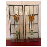 Antique Leaded Stained Glass Window Panels Pair Floral Tulip Design