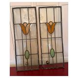 Antique Leaded Stained Glass Window Panels Pair Floral Tulip Design
