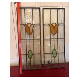 Antique Leaded Stained Glass Window Panels Pair Floral Tulip Design