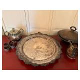 Antique Silverplate Serving Lot Tray Tureen Teapot Creamer Napkin Rings