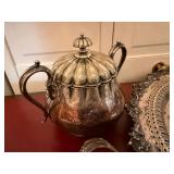 Antique Silverplate Serving Lot Tray Tureen Teapot Creamer Napkin Rings