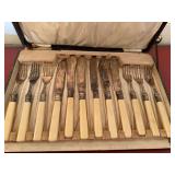 Vintage EPNS Fish Knife & Fork Set Faux Bone Handles Boxed 12 Pc