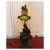 Vintage Figural Table Lamp Woman Child Frosted Green Glass Shade