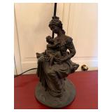 Vintage Figural Table Lamp Woman Child Frosted Green Glass Shade