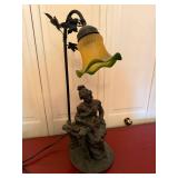 Vintage Figural Table Lamp Woman Child Frosted Green Glass Shade