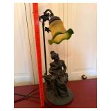 Vintage Figural Table Lamp Woman Child Frosted Green Glass Shade