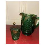 Vintage Emerald Green Pressed Glass Pitcher & Tumbler Set Scalloped Rim