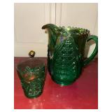 Vintage Emerald Green Pressed Glass Pitcher & Tumbler Set Scalloped Rim