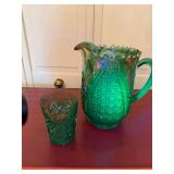 Vintage Emerald Green Pressed Glass Pitcher & Tumbler Set Scalloped Rim