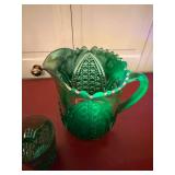 Vintage Emerald Green Pressed Glass Pitcher & Tumbler Set Scalloped Rim