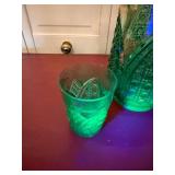 Vintage Emerald Green Pressed Glass Pitcher & Tumbler Set Scalloped Rim