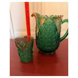 Vintage Emerald Green Pressed Glass Pitcher & Tumbler Set Scalloped Rim