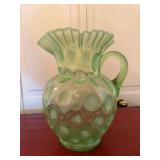 Vintage Green Opalescent Uranium Glass Pitcher Ruffled Rim 9in
