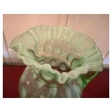Vintage Green Opalescent Uranium Glass Pitcher Ruffled Rim 9in