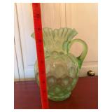 Vintage Green Opalescent Uranium Glass Pitcher Ruffled Rim 9in