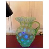 Vintage Green Opalescent Uranium Glass Pitcher Ruffled Rim 9in