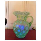 Vintage Green Opalescent Uranium Glass Pitcher Ruffled Rim 9in
