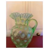 Vintage Green Opalescent Uranium Glass Pitcher Ruffled Rim 9in