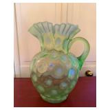 Vintage Green Opalescent Uranium Glass Pitcher Ruffled Rim 9in