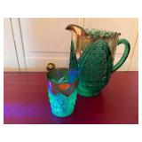 Vintage Green Carnival Glass Pitcher & Tumbler Set Iridescent