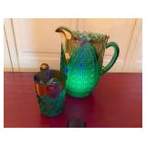 Vintage Green Carnival Glass Pitcher & Tumbler Set Iridescent
