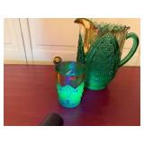 Vintage Green Carnival Glass Pitcher & Tumbler Set Iridescent