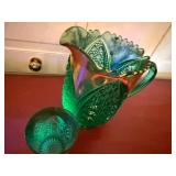 Vintage Green Carnival Glass Pitcher & Tumbler Set Iridescent