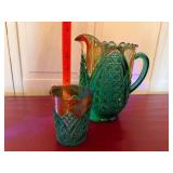 Vintage Green Carnival Glass Pitcher & Tumbler Set Iridescent