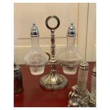 Vintage Cruet & Salt Pepper Shaker Lot Silverplate Glass Rabbit Stand
