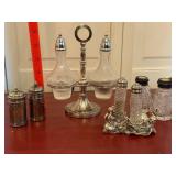 Vintage Cruet & Salt Pepper Shaker Lot Silverplate Glass Rabbit Stand