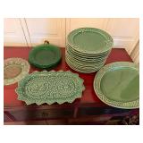 Green Majolica Style Rabbit Plates Serving Platter Glass Plate Lot